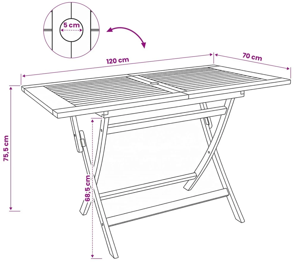 Sulankstomas sodo stalas Natūrali 120 x 70 x 75,5 cm