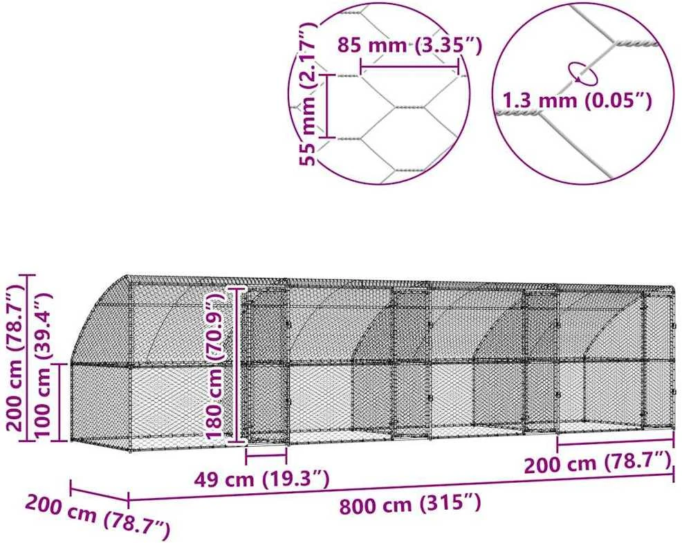 Šunų narvas 4 vnt. Sidabrinė 8 x 2 x 2 m Galvanizuotas plienas