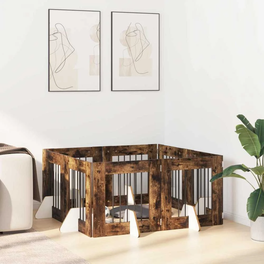 Sulankstomi šunų vartai su stovais 8 vnt. Dūminio ąžuolo 60 cm