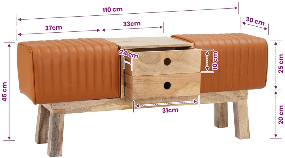 suoliukas 110 x 30 x 45 cm Tikra oda Ruda