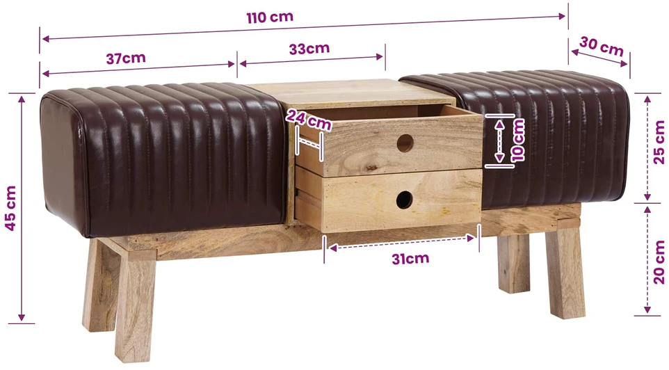 suoliukas 110 x 30 x 45 cm Tikra oda Tamsiai rudas