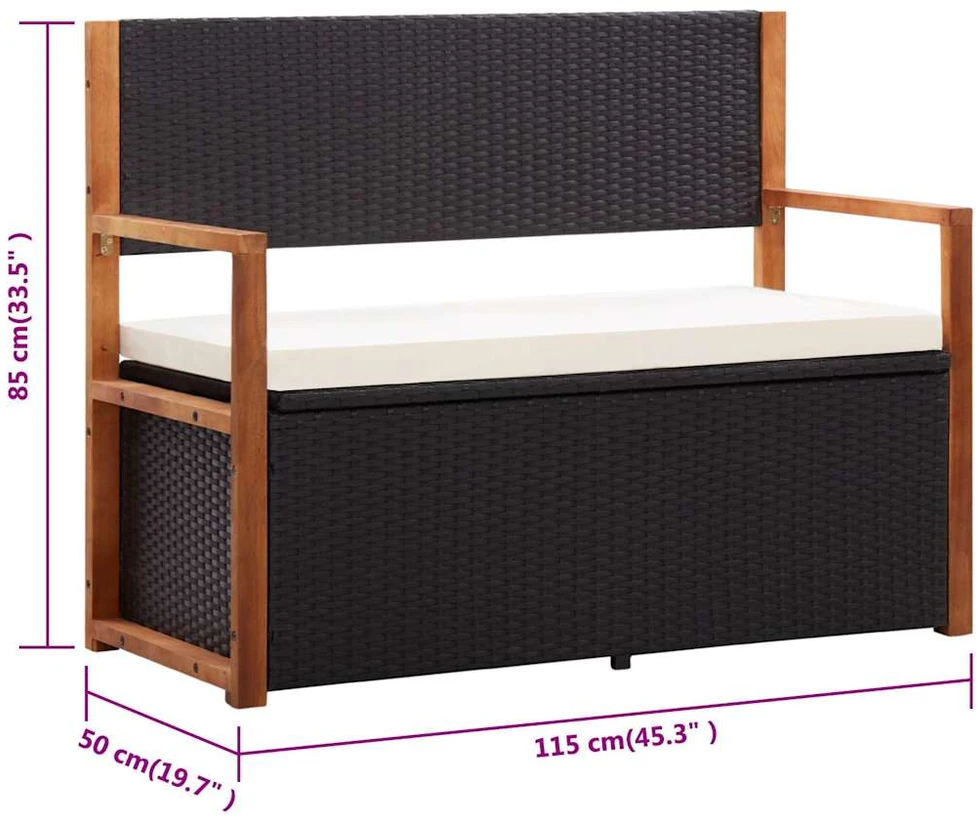 Suoliukas-daiktadėžė, juodas, 115cm, poliratanas ir akacija
