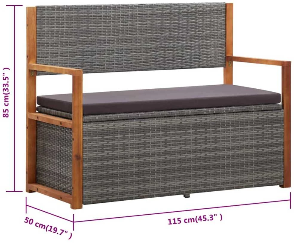 Suoliukas-daiktadėžė, pilkas, 115cm, poliratanas ir akacija