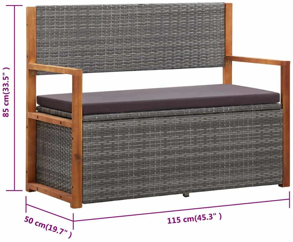 Suoliukas-daiktadėžė, pilkas, 115cm, poliratanas ir akacija