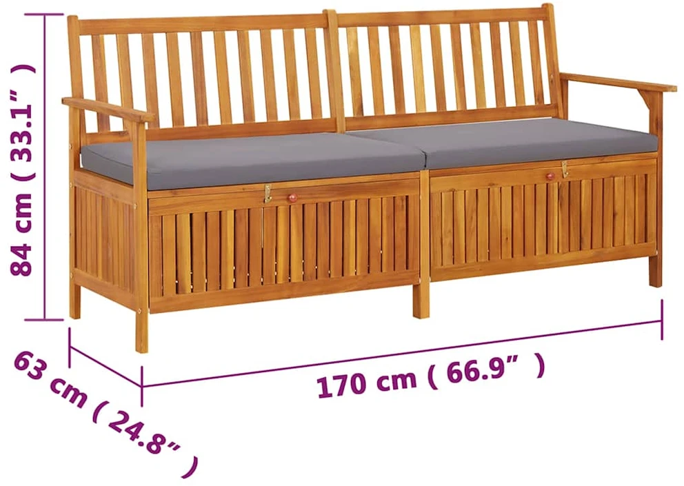 Suoliukas-daiktadėžė su pagalvėle, 170cm, akacijos masyvas