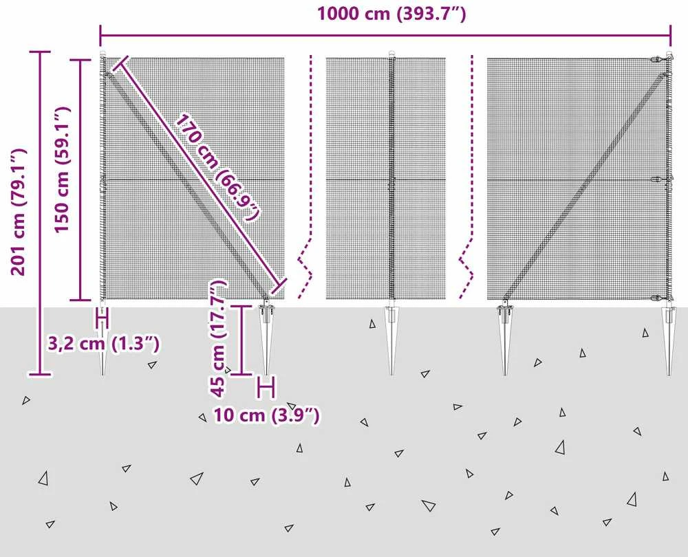 Suvirintas vielinis tvoras su smailiais galais 12 x 1,5 m Pilka