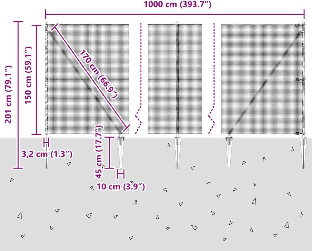 Suvirintas vielinis tvoras su smailiais galais 12 x 1,5 m Pilka