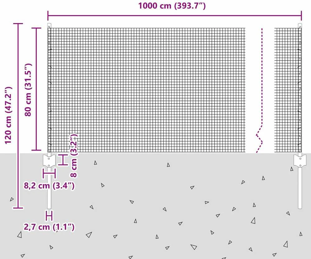 Suvirintas vielos tvora su stulpeliais 10 x 0,8 m Pilka