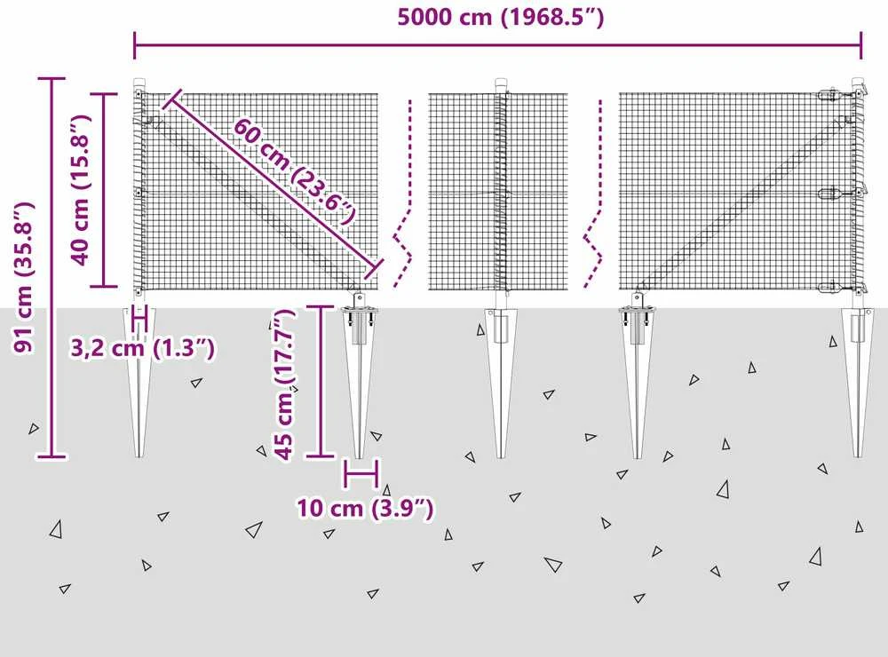 Suvirintas vielinis tvoras su smailiais galais 50 x 0,4 m Pilka