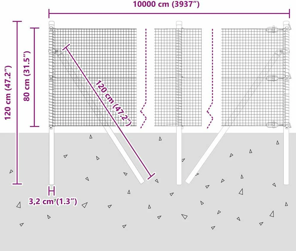 Suvirintas vielos tvora žemės tvirtinimas 100 x 0,8 m Pilka