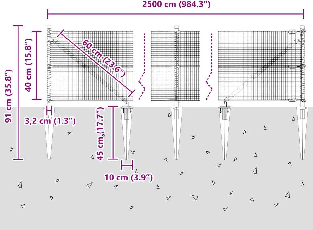 Suvirintas vielinis tvoras su smailiais galais 25 x 0,4 m Pilka