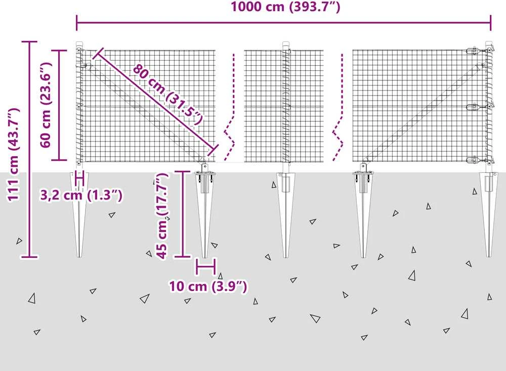 Suvirintas vielinis tvoras su smailiais galais 10 x 0,6 m Pilka