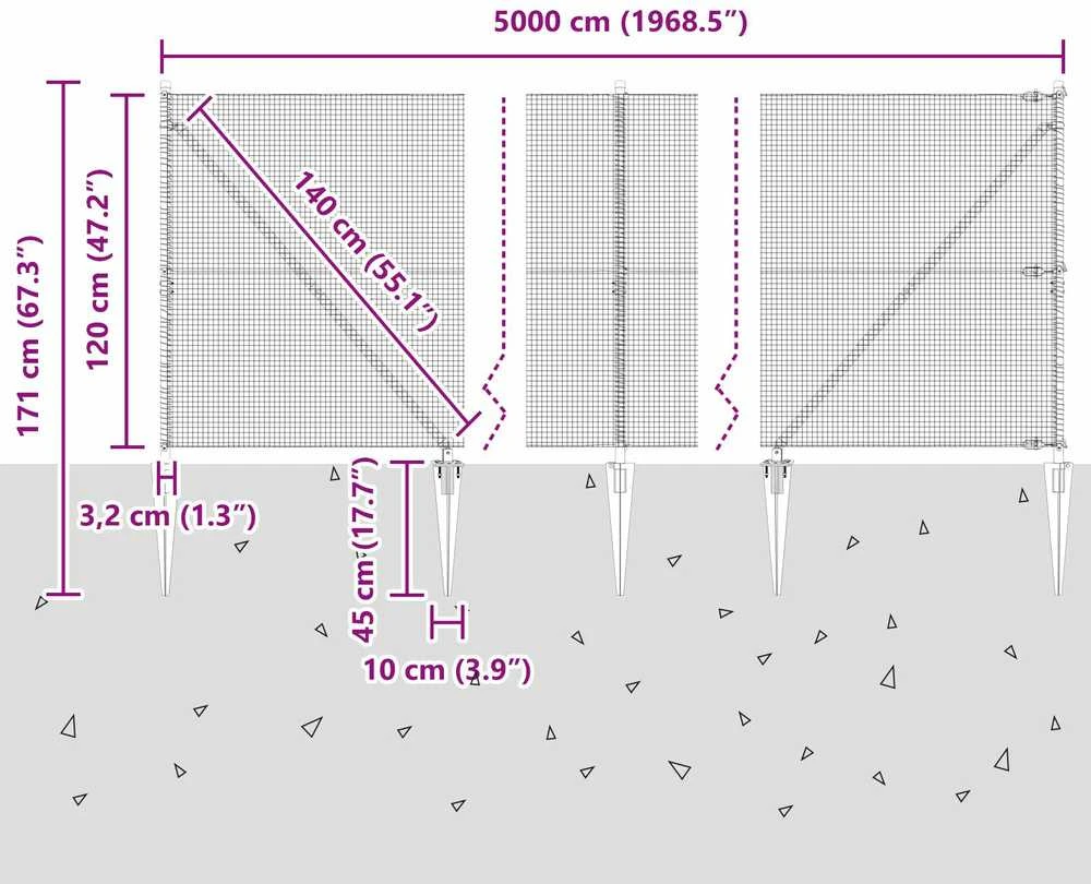 Suvirintas vielinis tvoras su smailiais galais 50 x 1,2 m Pilka