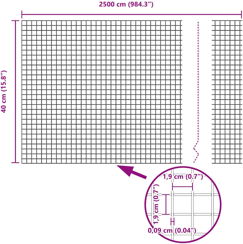 Suvirintas vielinis tvoras su smailiais galais 25 x 0,4 m Pilka