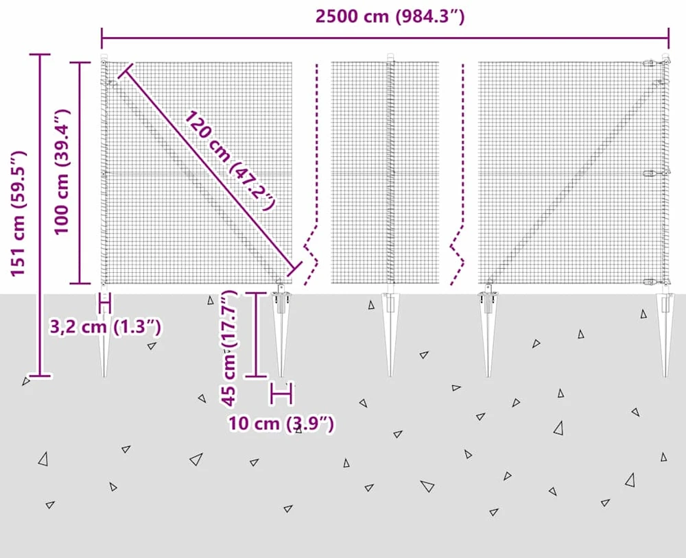 Suvirintas vielinis tvoras su smailiais galais 25 x 1 m Pilka