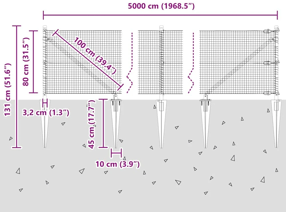 Suvirintas vielinis tvoras su smailiais galais 50 x 0,8 m