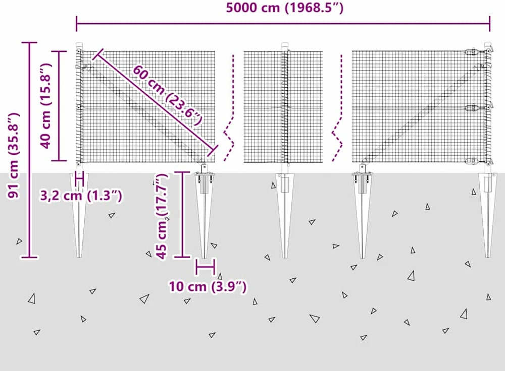 Suvirintas vielinis tvoras su smailiais galais 50 x 0,4 m