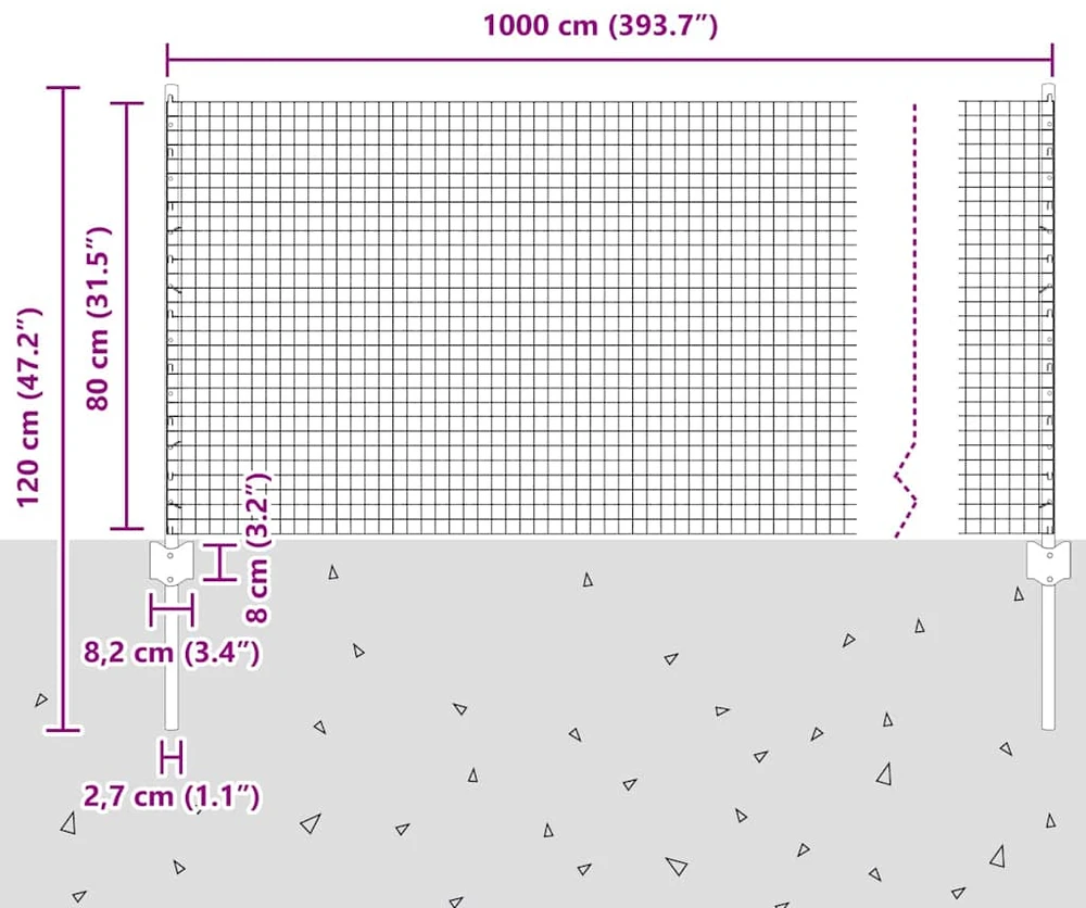 Suvirintas vielos tvora su stulpeliais 10 x 0,8 m Pilka