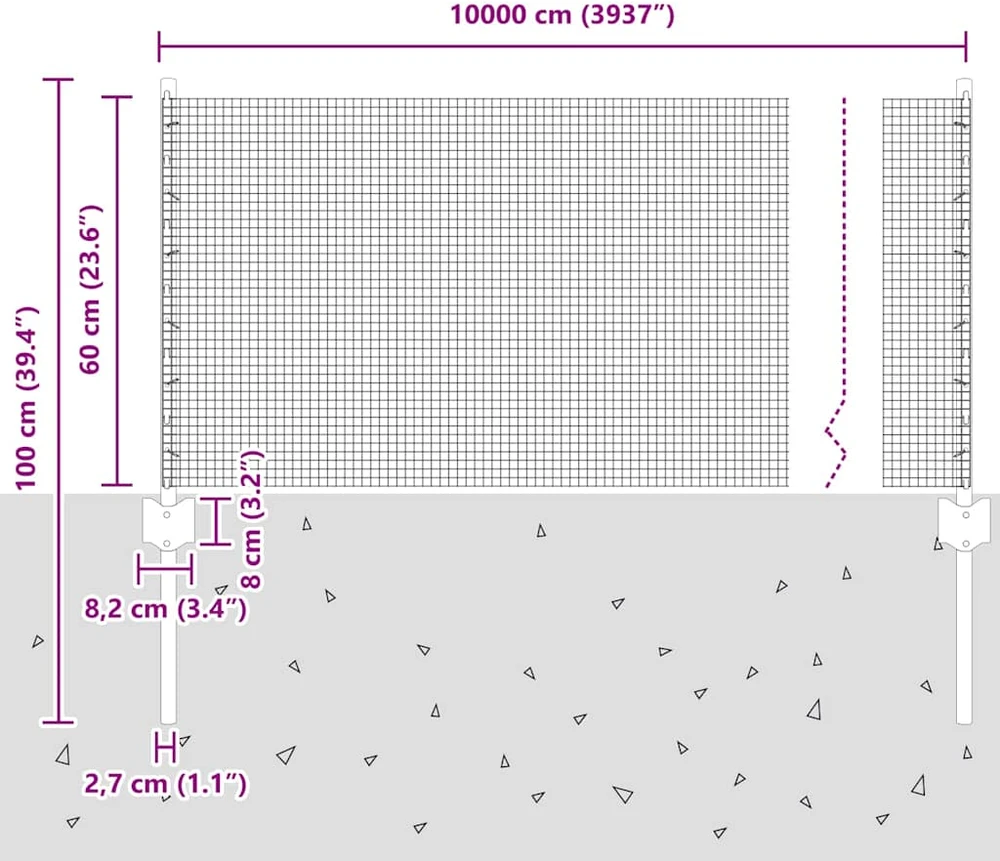 Suvirintas vielos tvora su stulpeliais 100 x 0,6 m Pilka