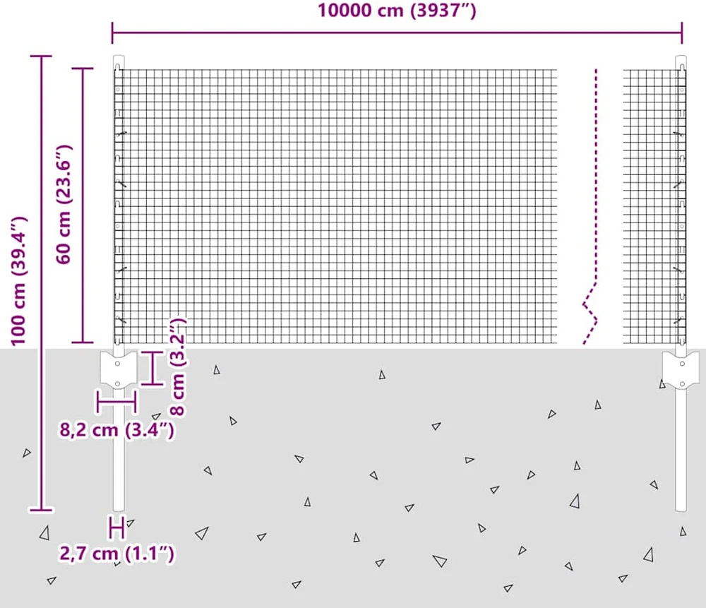 Suvirintas vielos tvora su stulpeliais 100 x 0,6 m Pilka