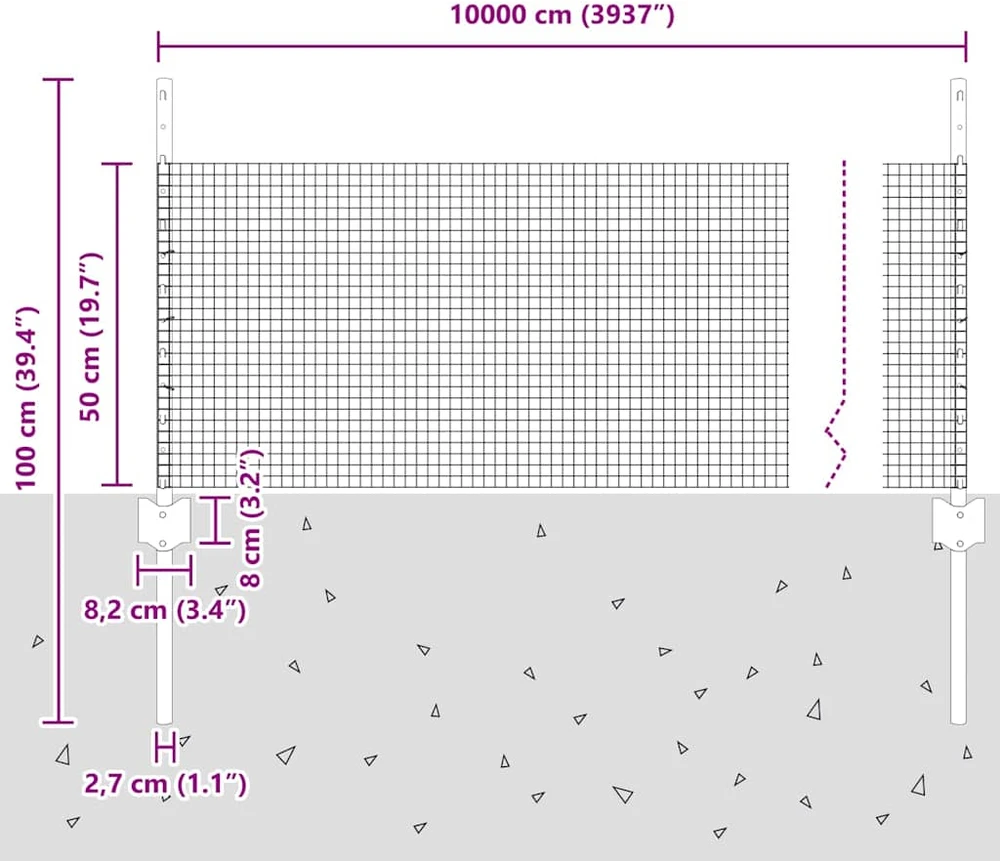 Suvirintas vielos tvora su stulpeliais 100 x 0,5 m Pilka