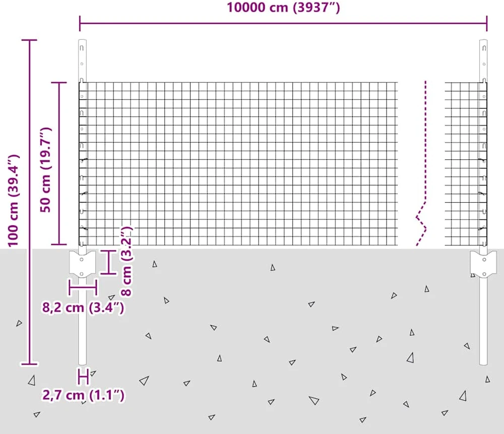 Suvirintas vielos tvora su stulpeliais 100 x 0,5 m Pilka