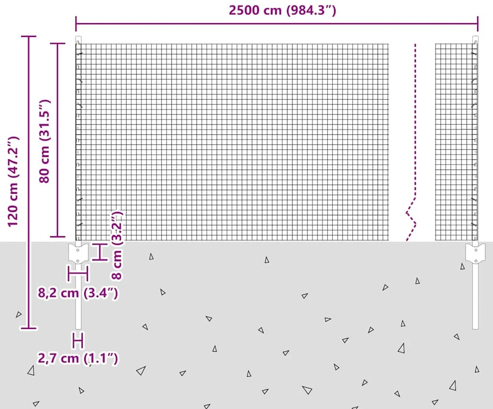 Suvirintas vielos tvora su stulpeliais 25 x 0,8 m Pilka