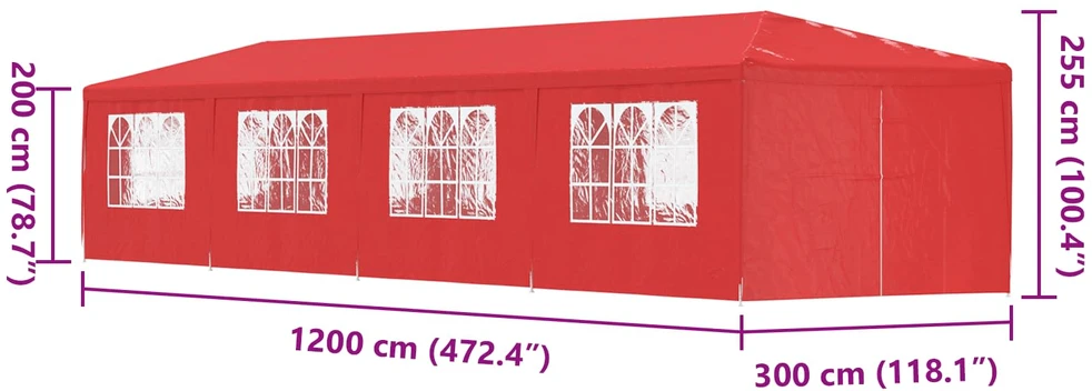 Šventės palapinė 1200 x 300 x 255 cm Raudona PE ir plienas