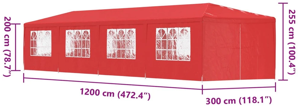 Šventės palapinė 1200 x 300 x 255 cm Raudona PE ir plienas