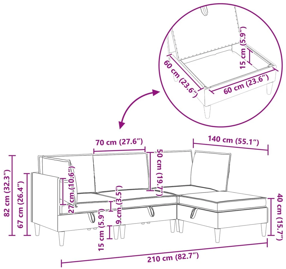 Modulinė sofa su laikymo vieta 3 vnt. Tamsiai pilka Audinys