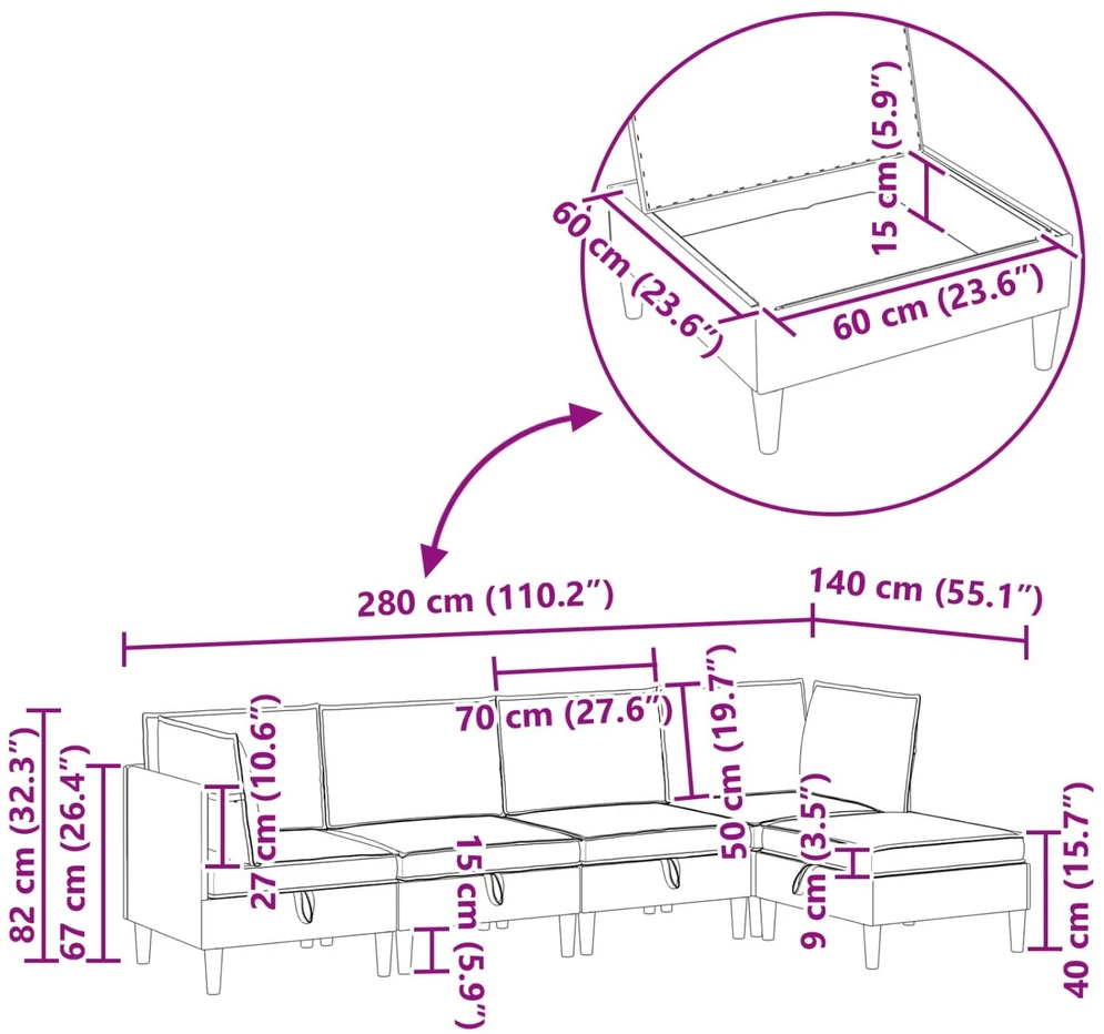 Modulinė sofa su laikymo vieta 5 vnt. Tamsiai rudas Audinys