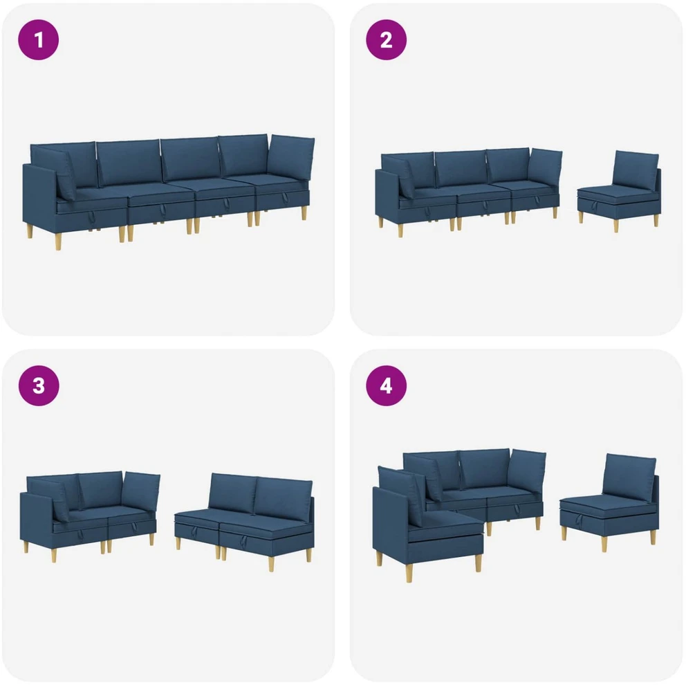 Modulinė sofa su laikymo vieta 4 vnt. Mėlyna Audinys