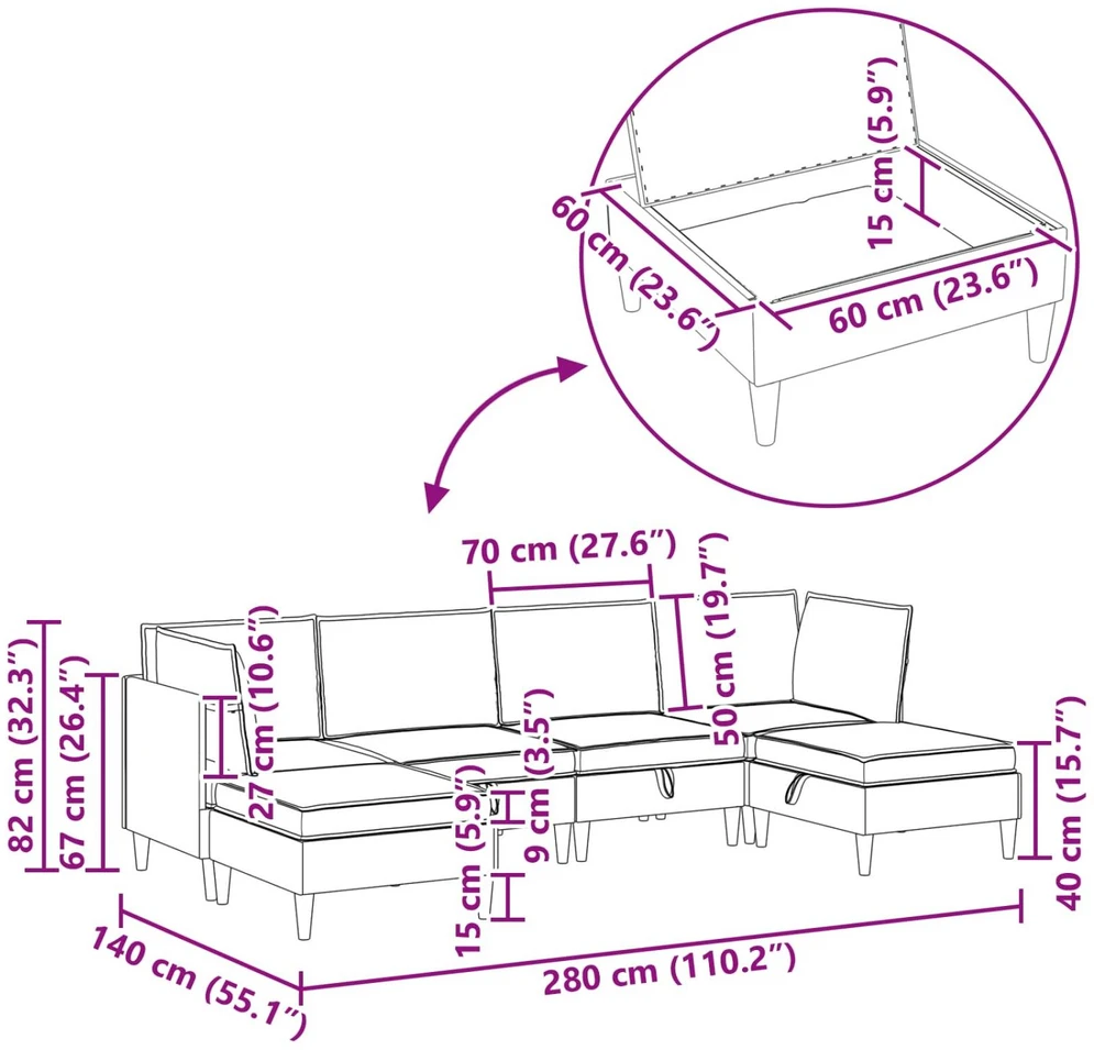 Modulinė sofa su laikymo vieta 6 vnt. Mėlyna Audinys