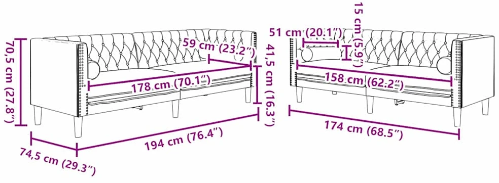 Svetainės sofa 2 vnt. Juoda Aksomas