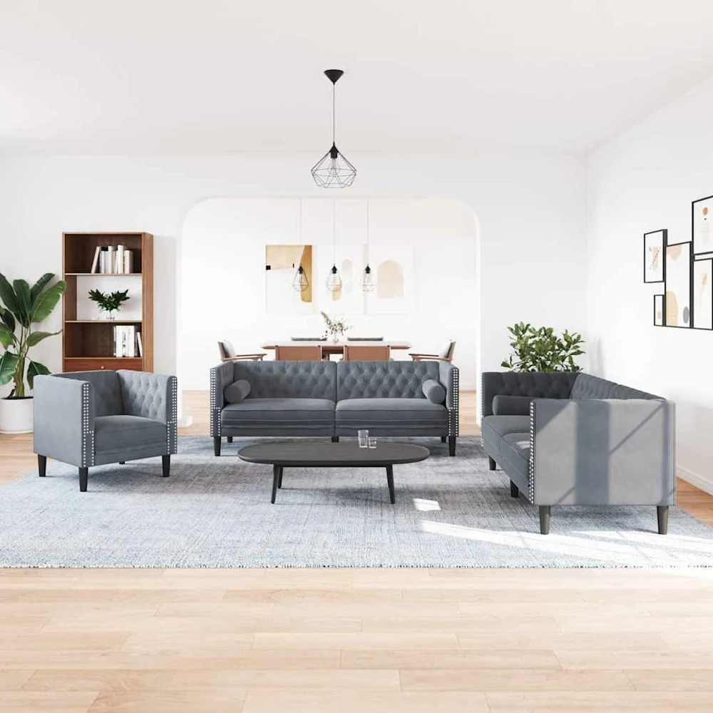 Svetainės sofa 3 vnt. Tamsiai pilka Aksomas