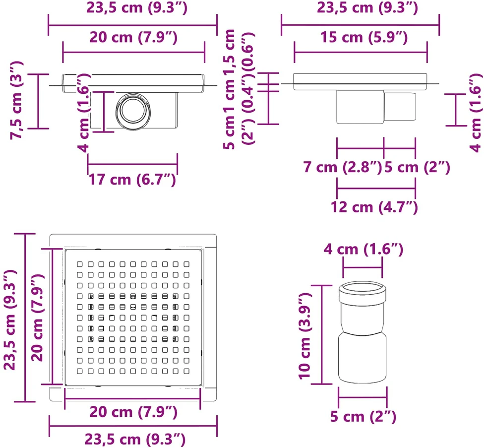 Taškų dušo drenažas Sidabro 20 x 20 cm Nerūdijantis plienas 304