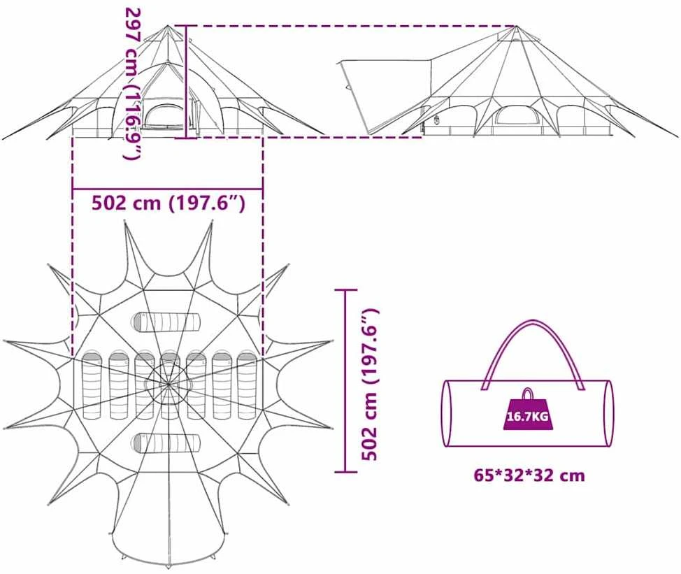 Teepee palapinė 9 žmonėms 9 asmeniui Žalia ir Pilka