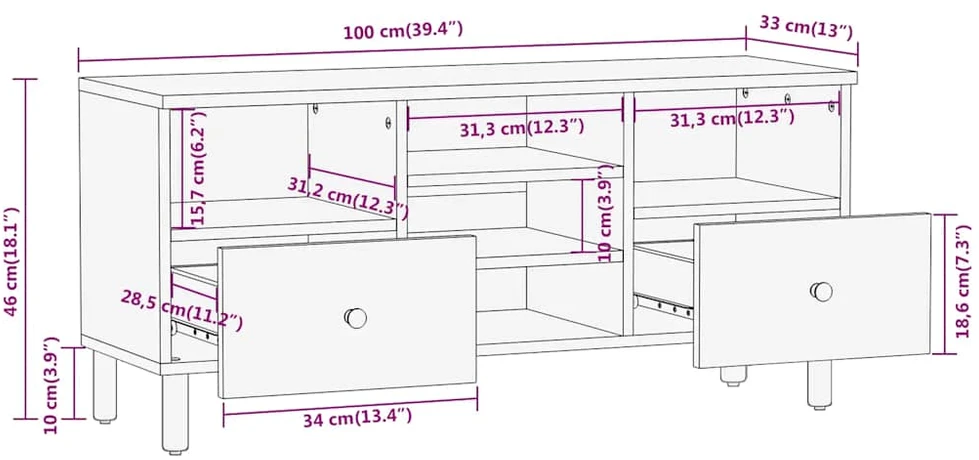 TV staliukas Televizoriaus spintelė, 100x33x46cm, akacijos medienos masyvas