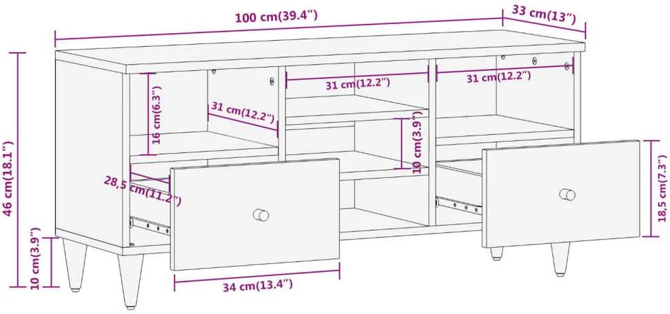 TV staliukas Televizoriaus spintelė, 100x33x46cm, mango medienos masyvas