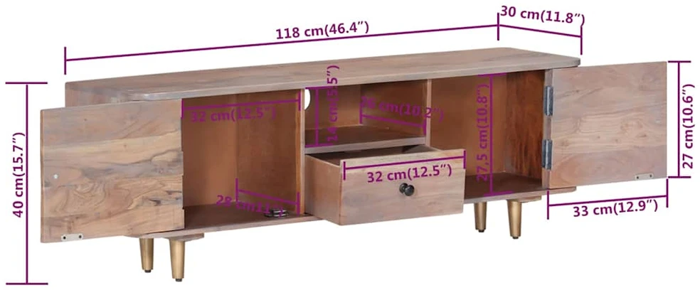 TV staliukas Televizoriaus spintelė, 118x30x40cm, akacijos medienos masyvas