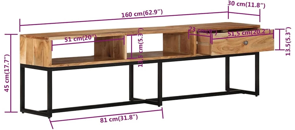 TV staliukas Televizoriaus spintelė, 160x30x45cm, akacijos medienos masyvas