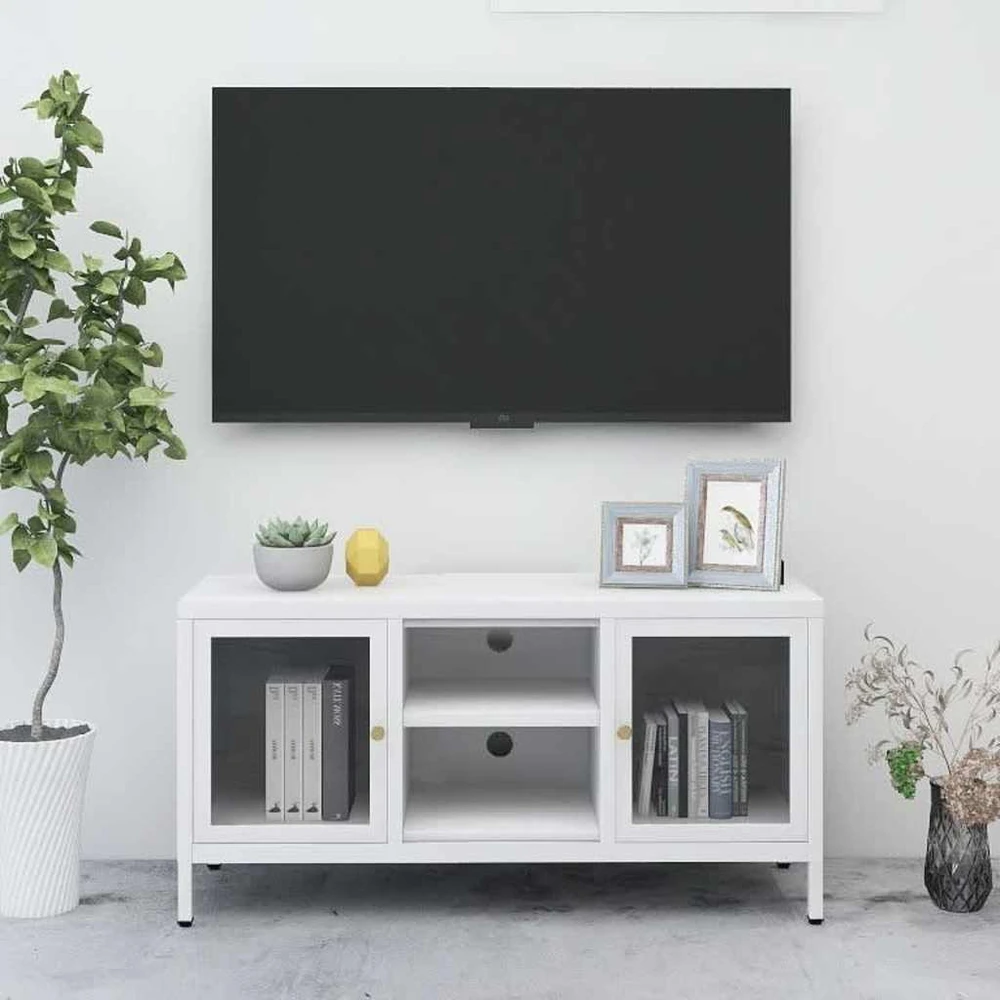 TV staliukas Televizoriaus spintelė, balta, 105x35x52cm, plienas ir stiklas