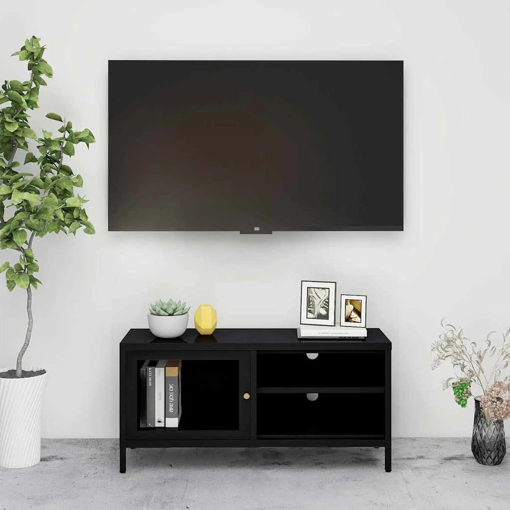 TV staliukas Televizoriaus spintelė, juoda, 90x30x44cm, plienas ir stiklas
