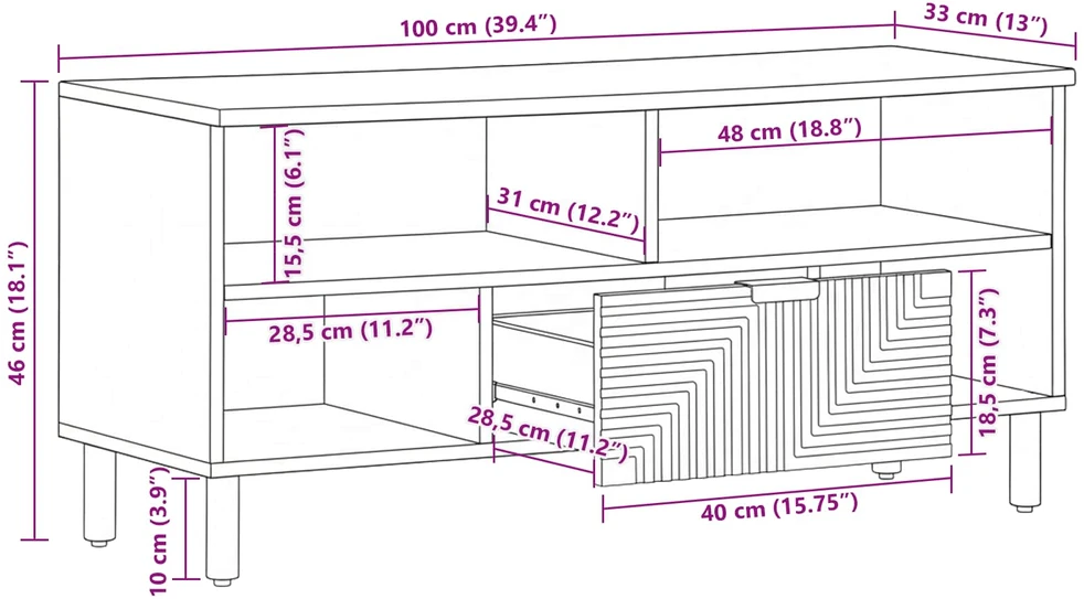 Televizoriaus spintelė Solid Acacia Wood 100 x 33 x 46 cm