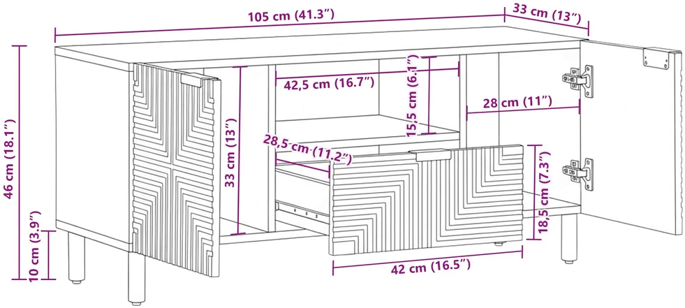 Televizoriaus spintelė Solid Acacia Wood 105 x 33 x 46 cm