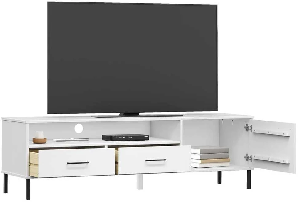 TV staliukas Televizoriaus spintelė su kojomis, balta, pušies masyvas, OSLO