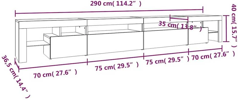 TV staliukas Televizoriaus spintelė su LED apšvietimu, balta, 290x36,5x40cm