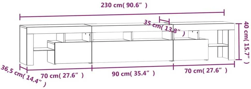 TV staliukas Televizoriaus spintelė su LED apšvietimu, balta, 230x36,5x40cm