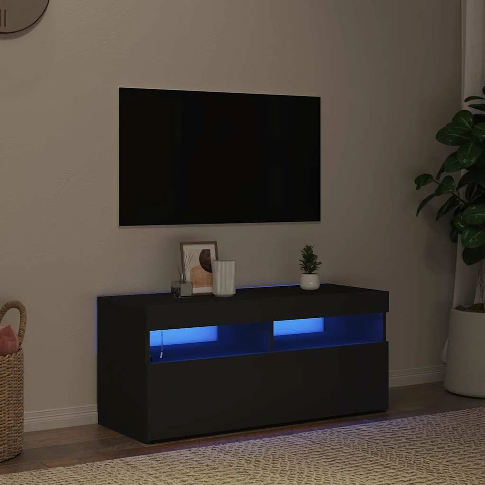 TV staliukas Televizoriaus spintelė su LED apšvietimu, juoda, 90x35x40cm
