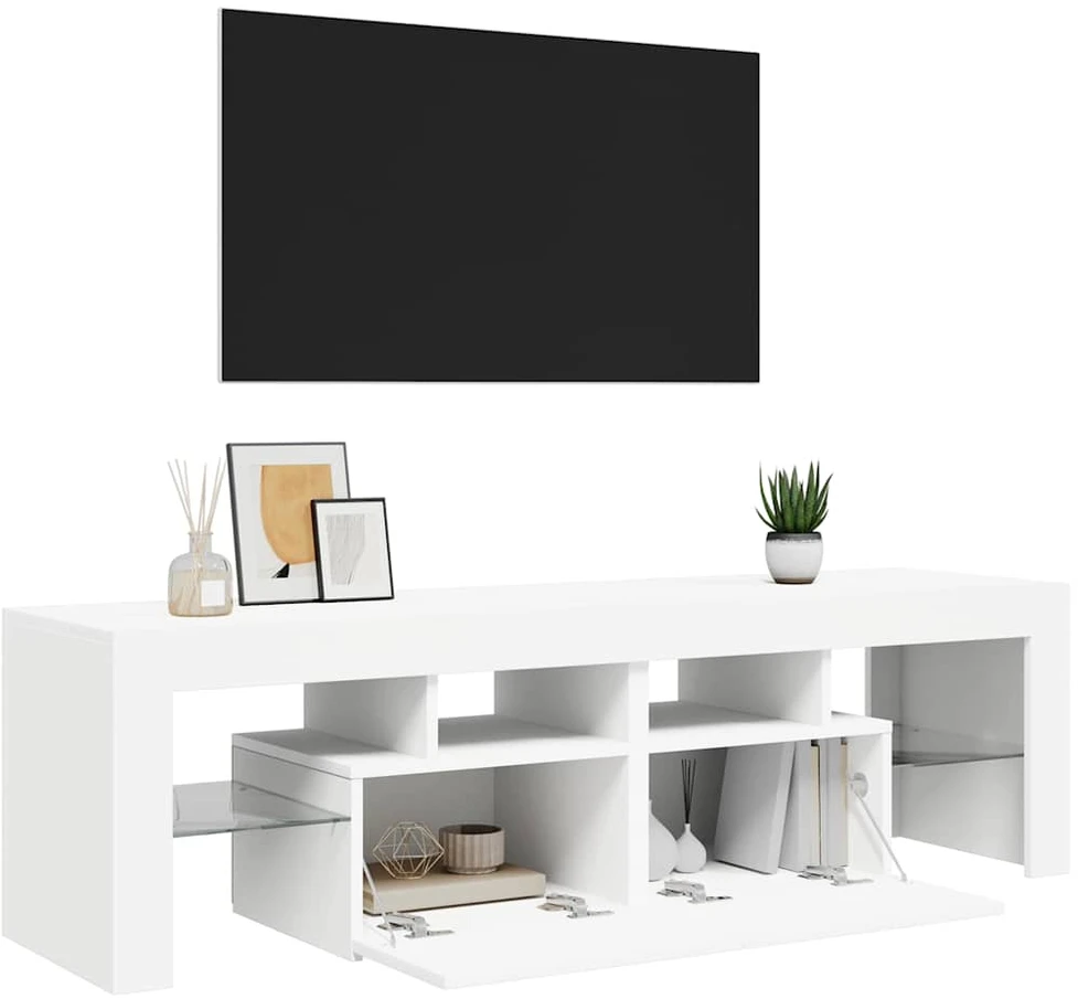 TV staliukas Televizoriaus spintelė su LED apšvietimu, balta, 140x36,5x40cm